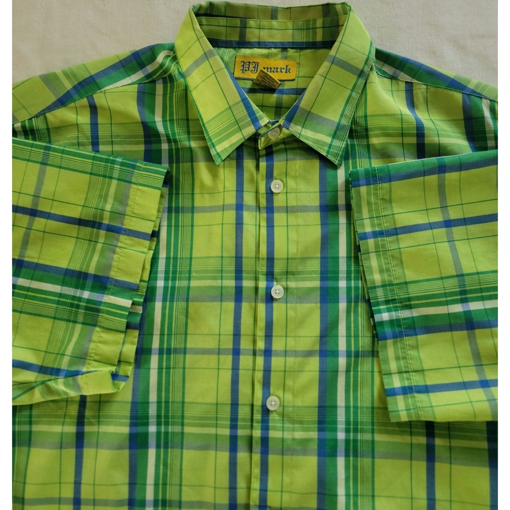 PJ Mark Men's Green / Blue Plaid Short-Sleeve Button-Up Shirt Size 3XL‎